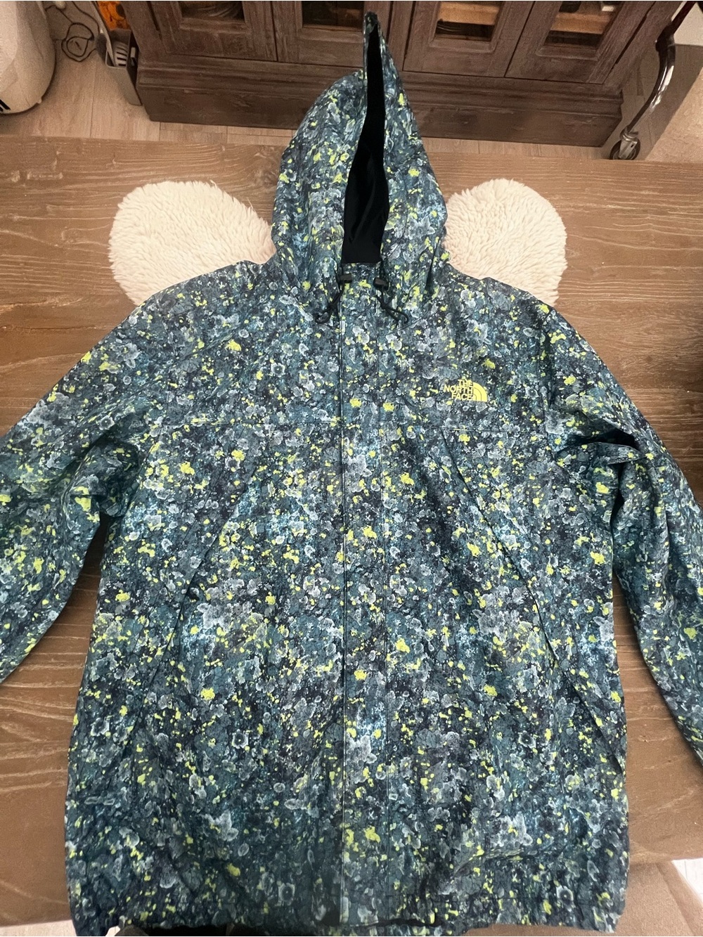 The North Face Hooded Raincoat in Blue & Yellow Floral-Print